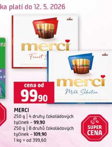 MERCI 250 g 4 druhy čokoládových tyčinek 250 g 8 druhů čokoládových tyčinek