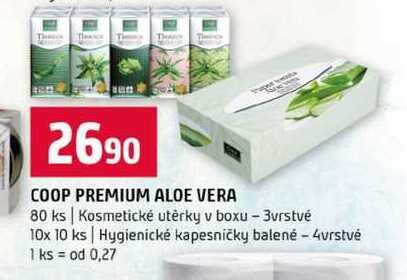 COOP PREMIUM ALOE VERA 80 ks Kosmetické utěrky v boxu 3vrstvé 10x 10 ks Hygienické kapesničky balené 4vrstvé 