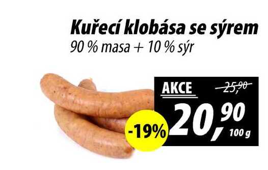 Kuřecí klobása se sýrem 90% masa +10% sýr, 100 g