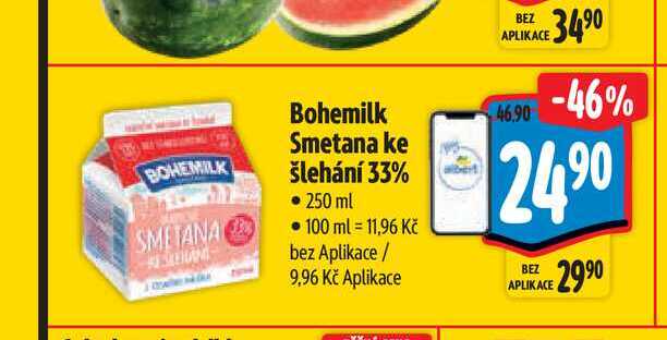   Bohemilk Smetana ke šlehání 33%  250 ml   v akci