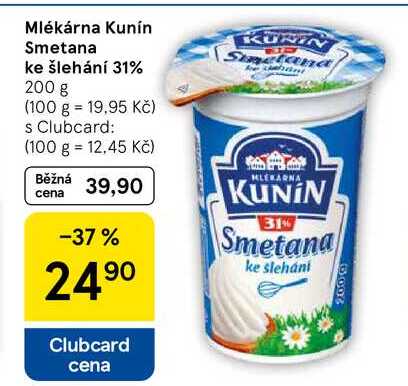 Mlékárna Kunín Smetana ke šlehání 31%, 200 g  