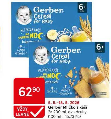 Gerber Mlíčko s kaší, 2x 200 ml, dva druhy Tesco