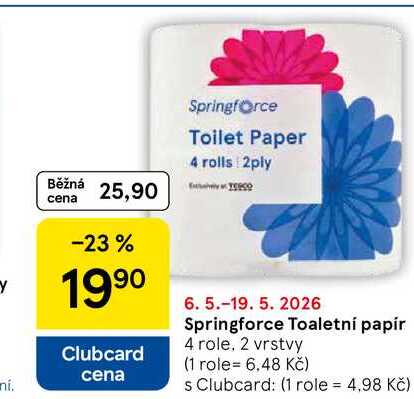 Springforce Toaletní papír, 4 role, 2 vrstvy Tesco