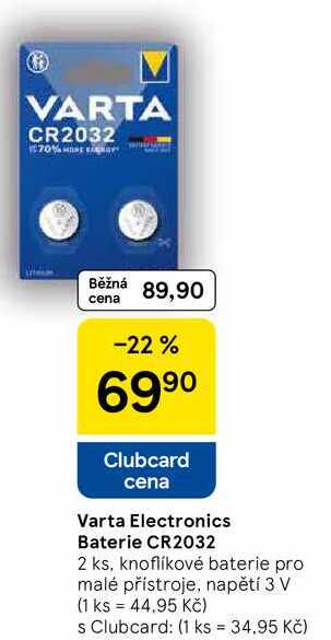 Varta Electronics Baterie CR2032 2 ks, knoflíkové baterie pro malé přístroje, napětí 3 V