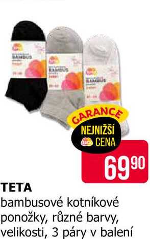 TETA bambusové kotníkové ponožky, různé barvy, velikosti, 3 páry v balení 