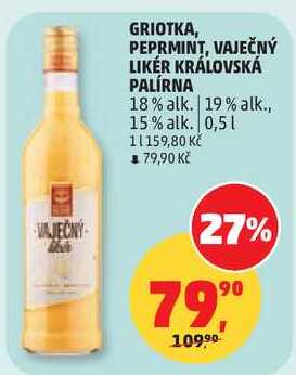 GRIOTKA, PEPRMINT, VAJEČNÝ LIKÉR KRÁLOVSKÁ PALÍRNA 18% alk. 19% alk., 15% alk., 0,5 l