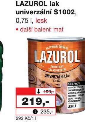 LAZUROL lak univerzální S1002, 0,75 I, lesk Barvy a laky drogerie 