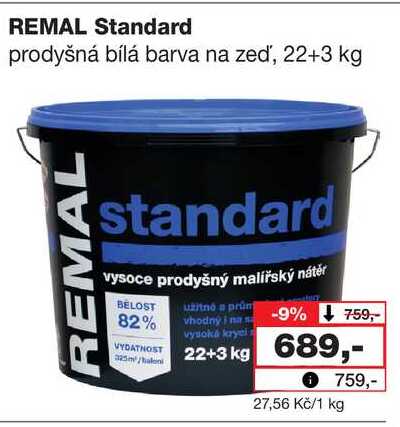 REMAL Standard prodyšná bílá barva na zeď, 22+3 kg 