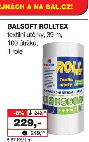BALSOFT ROLLTEX textilní utěrky, 39 m, 100 útržků, 1 role 