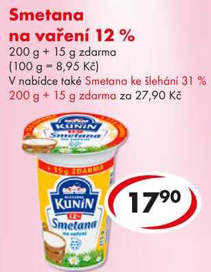 Smetana na vaření 12%, 200 g + 15 g zdarma