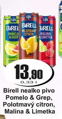 Birell nealko pivo Pomelo & Grep, Polotmavý citron, Malina & Limetka 0,33 L