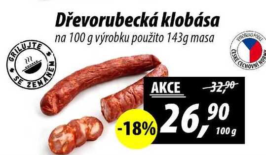 Dřevorubecká klobása na 100 g výrobku použito 143g masa, 100 g 