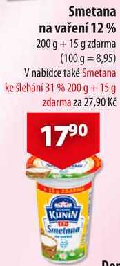 Smetana na vaření 12%, 200 g + 15 g zdarma  