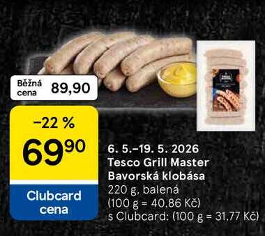 Tesco Grill Master Bavorská klobása, 220 g, balená 