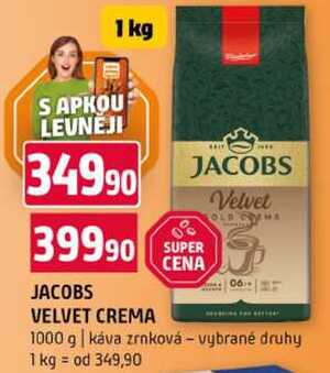 JACOBS VELVET CREMA 1000 g káva zrnková vybrané druhy 