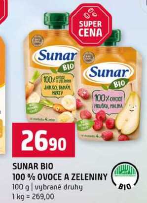 SUNAR BIO 100% OVOCE A ZELENINY 100 g vybrané druhy Terno