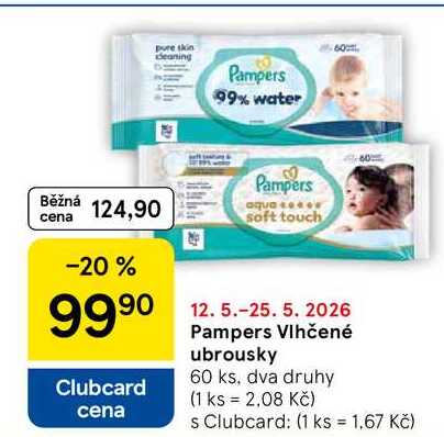 Pampers Vlhčené ubrousky, 60 ks, dva druhy Tesco