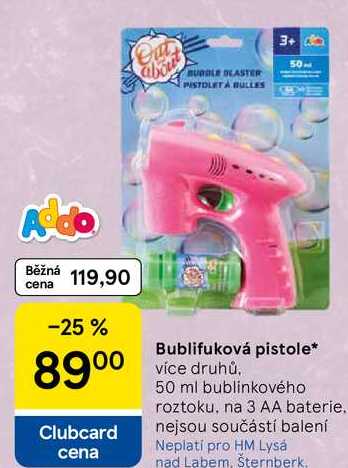 Bublifuková pistole, více druhů. 50 ml bublinkového roztoku, na 3 AA baterie. nejsou součástí balení Tesco
