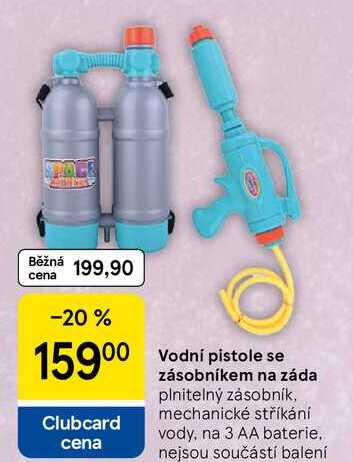 Vodní pistole se zásobníkem na záda, plnitelný zásobník, mechanické stříkání vody, na 3 AA baterie. Tesco