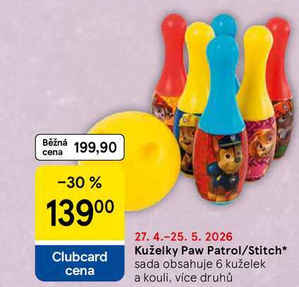 Kuželky Paw Patrol/Stitch, sada obsahuje 6 kuželek a kouli, více druhů Tesco