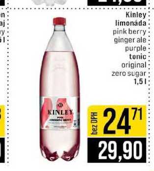 Kinley limonáda pink berry ginger ale purple tonic original zero sugar 1,5l