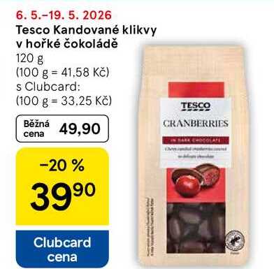 Tesco Kandované klikvy v hořké čokoládě, 120 g 