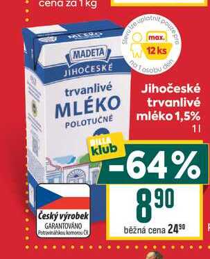 Jihočeské trvanlivé mléko 1,5% 1l