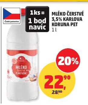MLÉKO ČERSTVÉ 3,5% KARLOVA KORUNA PET, 1 l