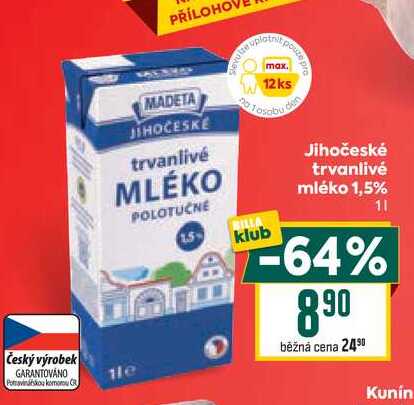 Jihočeské trvanlivé mléko 1,5% 1l
