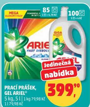 PRACÍ PRÁŠEK, GEL ARIEL, 5 kg, 5 l Penny Market