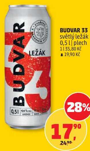 BUDVAR 33 světlý ležák, 0,5 l plech 