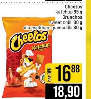 Cheetos ketchup 85 g Crunchos Sweet chilli 80 g cheese&ham quesadilla 80 g 