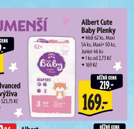 Albert Cute Baby Plenky Midi 62 ks, Maxi 54 ks, Maxi+ 50 ks, Junior 46 ks Albert
