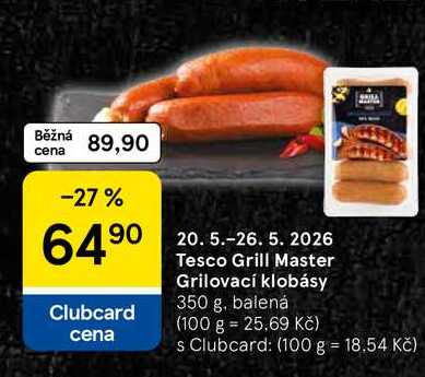 Tesco Grill Master Grilovací klobásy, 350 g, balená 