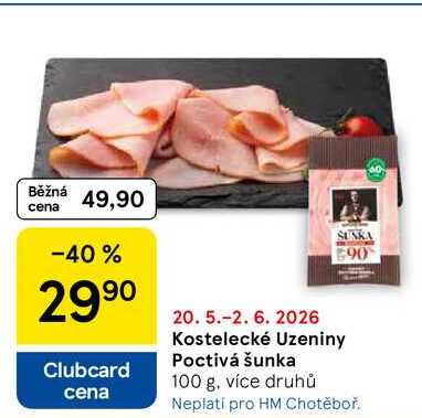Kostelecké uzeniny Poctivá šunka, 100 g, více druhů