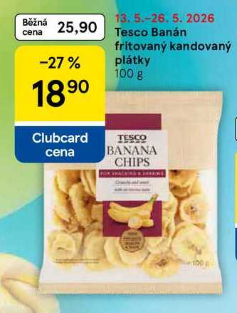 Tesco Banán fritovaný kandovaný plátky, 100 g 