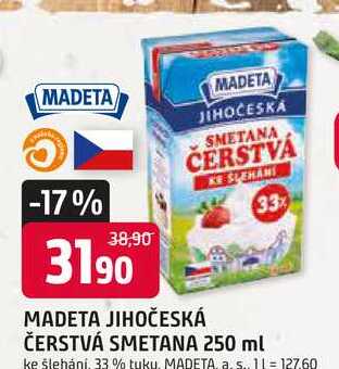 MADETA JIHOČESKÁ ČERSTVÁ SMETANA 250 ml 33% ke šlehání