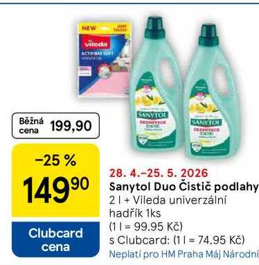 Sanytol Duo Čistič podlahy Clubcard cena 2 l + Vileda univerzální hadřík, 1 ks Tesco