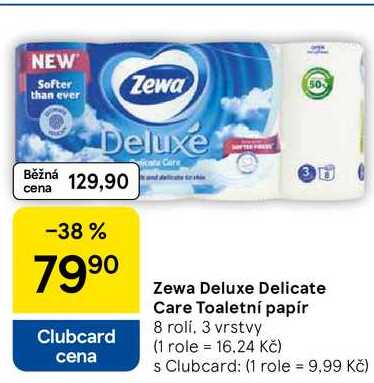 Zewa Deluxe Delicate Care Toaletní papír, 8 rolí, 3 vrstvy Tesco