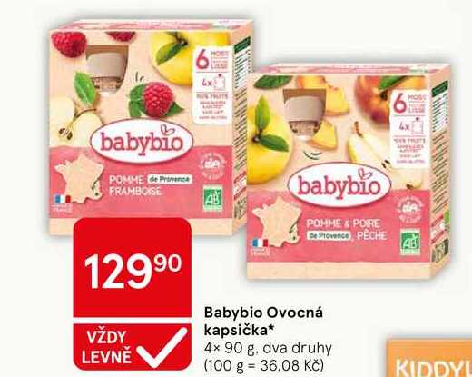 Babybio Ovocná kapsička, 4x 90 g, dva druhy Tesco