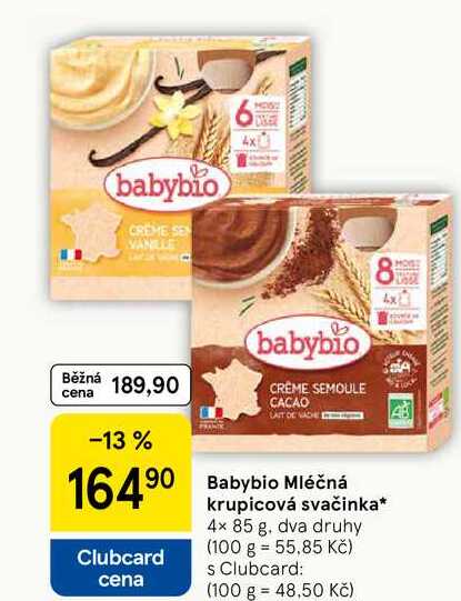 Babybio Mléčná krupicová svačinka, 4x 85 g Tesco