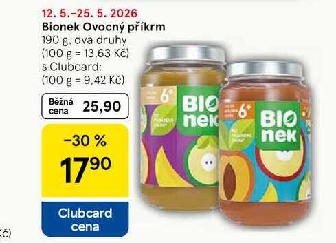 Bionek Ovocný příkrm, 190 g, dva druhy Tesco