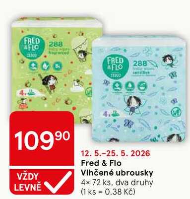 Fred & Flo Vlhčené ubrousky, 4x 72 ks Tesco