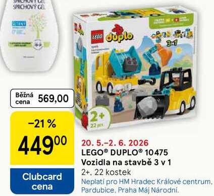 LEGO® DUPLO® 10475 Vozidla na stavbě, 3 v 1 2+. 22 kostek