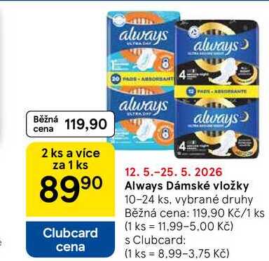Always Dámské vložky, 10-24 ks, vybrané druhy Tesco