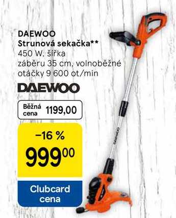 DAEWOO Strunová sekačka, 450 W. šířka záběru 35 cm, volnoběžné otáčky 9 600 ot/min