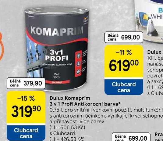 Dulux Komaprim 3 v 1 Profi Antikorozní barva, 0.75 l, pro vnitřní i venkovní použití, multifunkční s antikorozním účinkem, vynikající krycí schopno a přilnavost, více barev