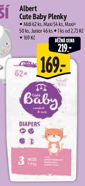 Albert Cute Baby Plenky, Midi 62 ks, Maxi 54 ks, Maxi+ 50 ks, Junior 46 ks Albert