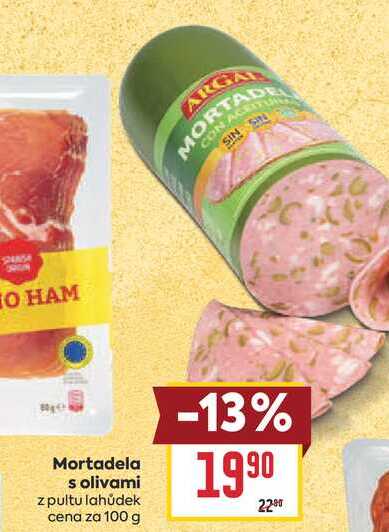 Mortadela s olivami z pultu lahůdek cena za 100 g