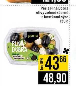 Perla Plná Dobra olivy zelené +černé s kostkami sýra 150 g
